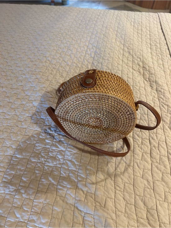 Handbags - Woven Round Straw Crossbody Bag with Brown Leather Trim
